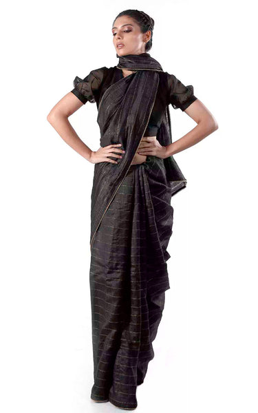 Black Tussar Silk Handloom Saree With zari stripes Design